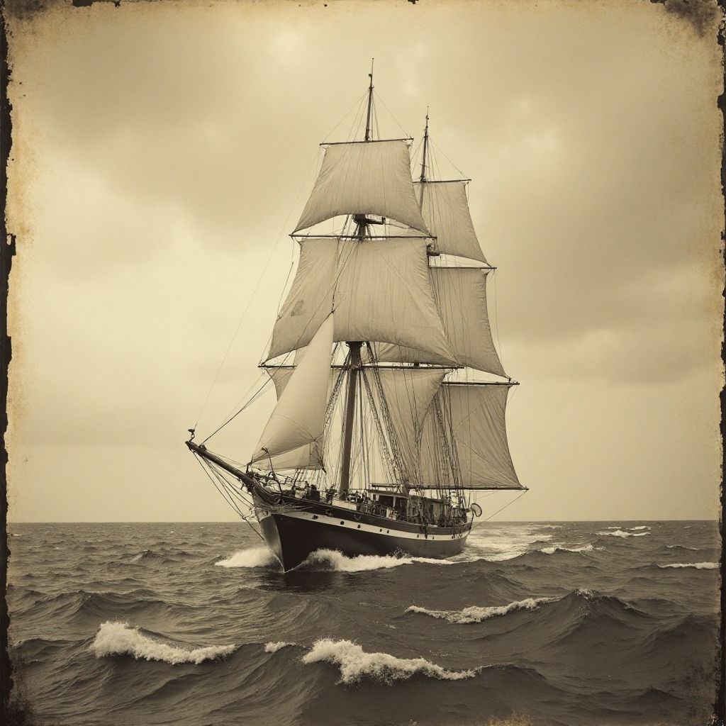 Vintage sailing ship navigating through rough seas