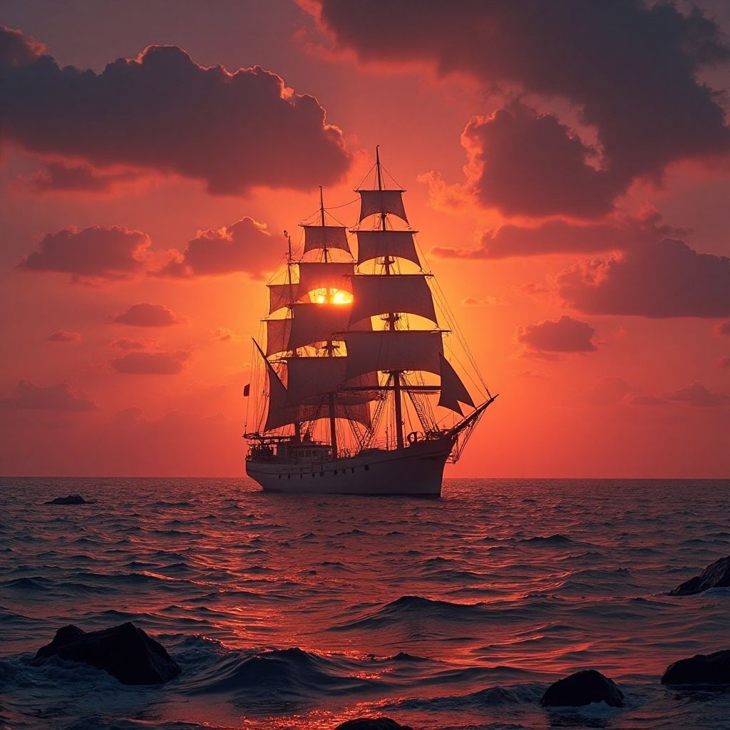 Sailing ship silhouette at sunset